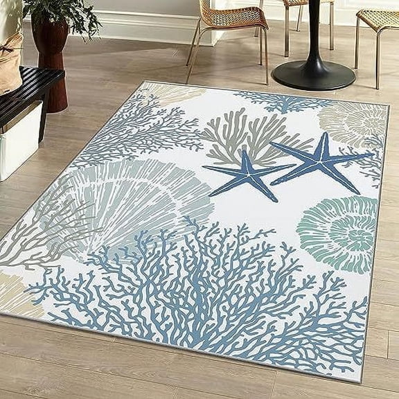 Coral Shell Starfish Area Rug, Coastal Beach Ocean Theme Non Slip Stain Resistant Print Rugs, Soft Machine Washable Carpet For Indoor Bedroom Living Room Office Decor Rug 5 x 6ft
