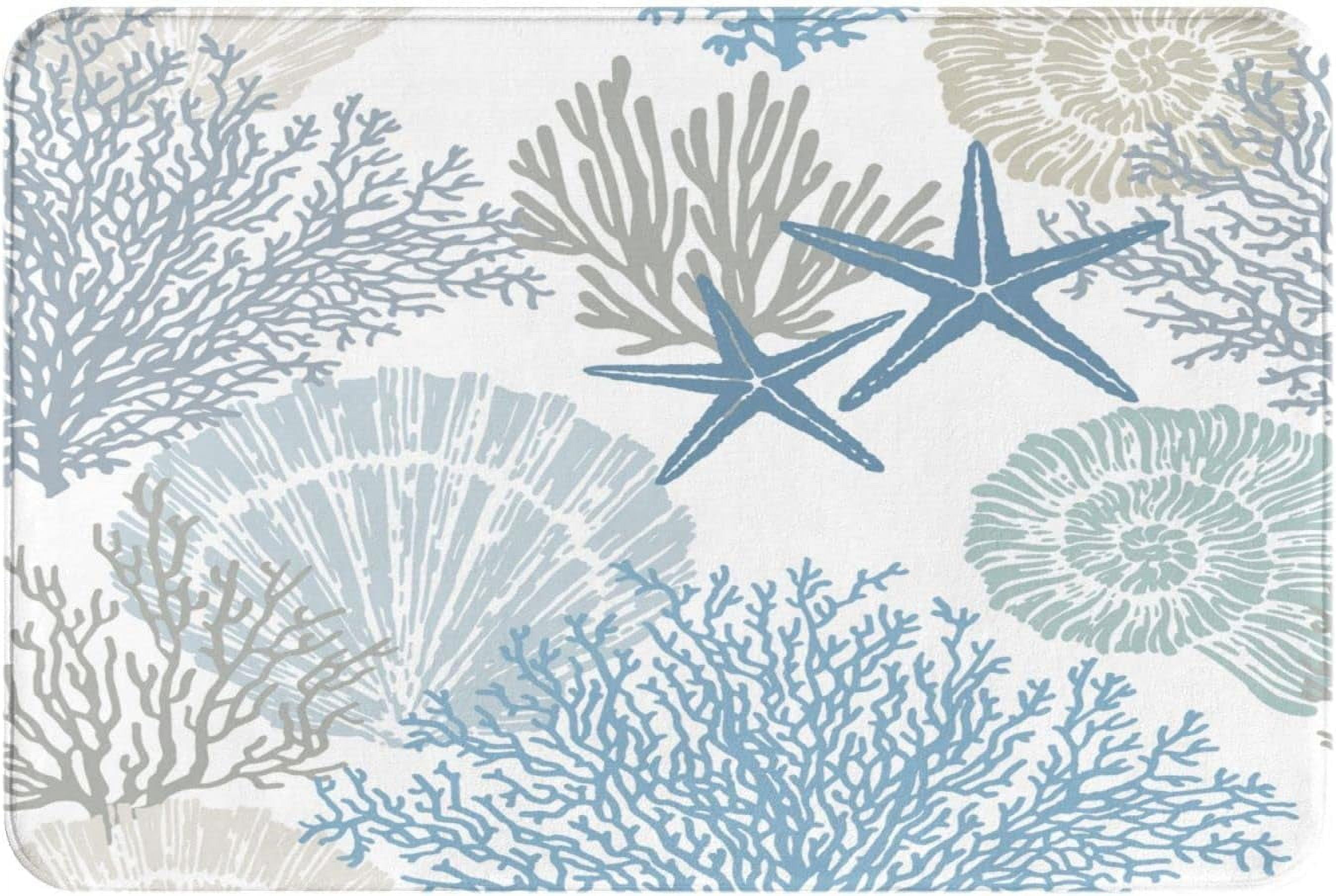 Coral Shell Starfish Conch Beach Themed Pattern Bath Mats for Bathroom Non-Slip Absorbent Soft Microfiber Plush Bathroom Rugs Decor Floor Mat 24"X 36"