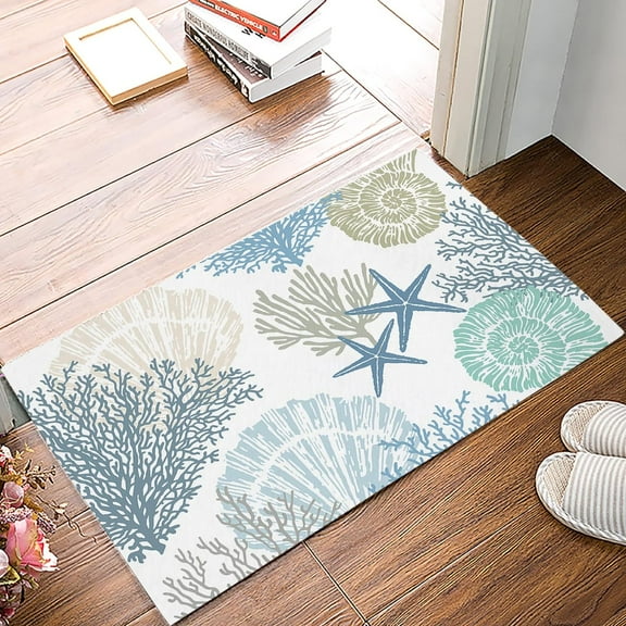 Coral Shell Starfish Doormat Kitchen Bathroom Rug Floor Door Mat Washable Welcome Entry Way Entrance Mat Absorbent Hallway Accent Throw Runner Carpet Summer Beach Ocean Sea Blue 18"x30"