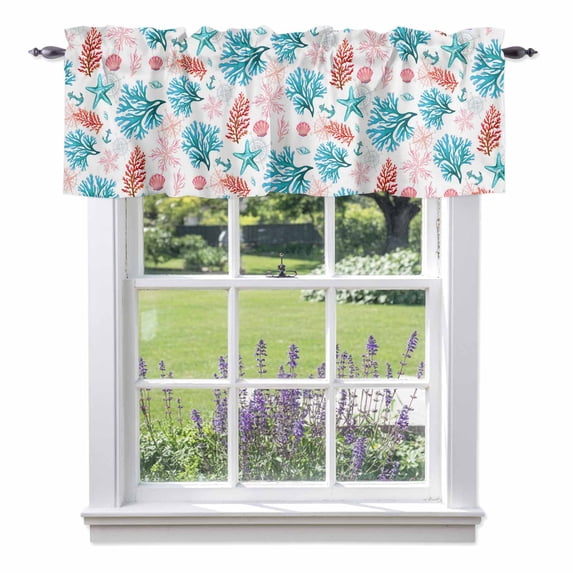 Coral Shell Valance Curtain Watercolor Pink Blue Red Coral Starfish Anchor Window Valances Rod Pocket Short Curtains Window Treatments for Kitchen Bedroom Bathroom Laundry 60" x 18"