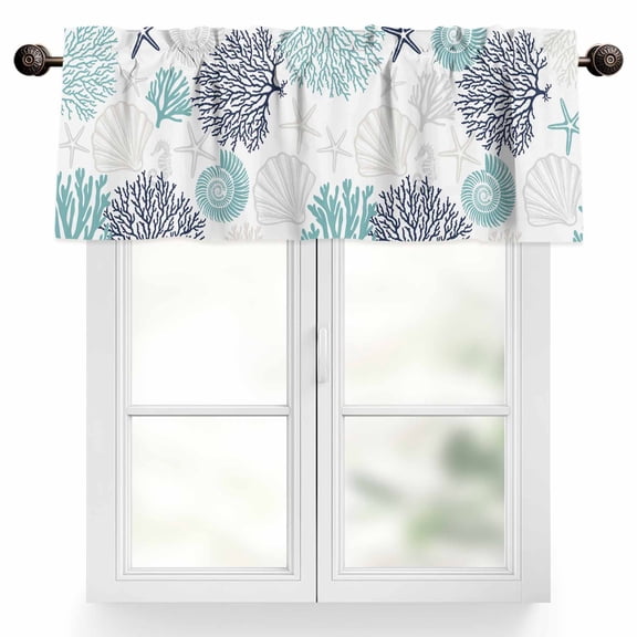 Coral Shell Valances for Windows, 42 x 18in, Starfish Ocean Teal Blue Summer Beach Rod Pocket Kitchen Valance Curtain Light Filtering Window Treatments for Living Room Bedroom, 1 Panel