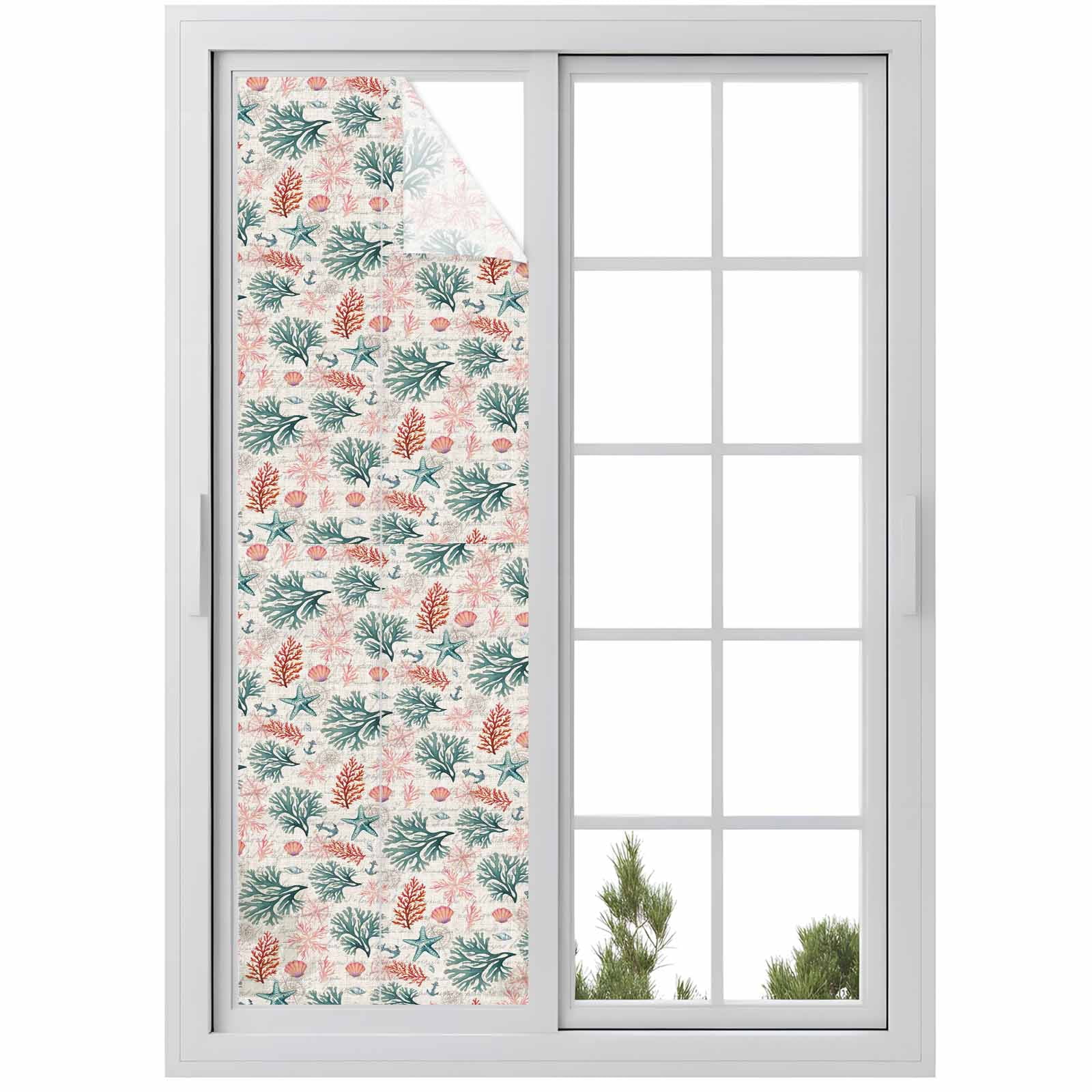 Coral Shell Window Privacy Film, Pink Green Red Coral Starfish Anchor Linen Texture Frosted Glass Window Clings Static Cling UV Heat Blocking Reusable Door Sticker for Bedroom 23.6x78.7 Inch