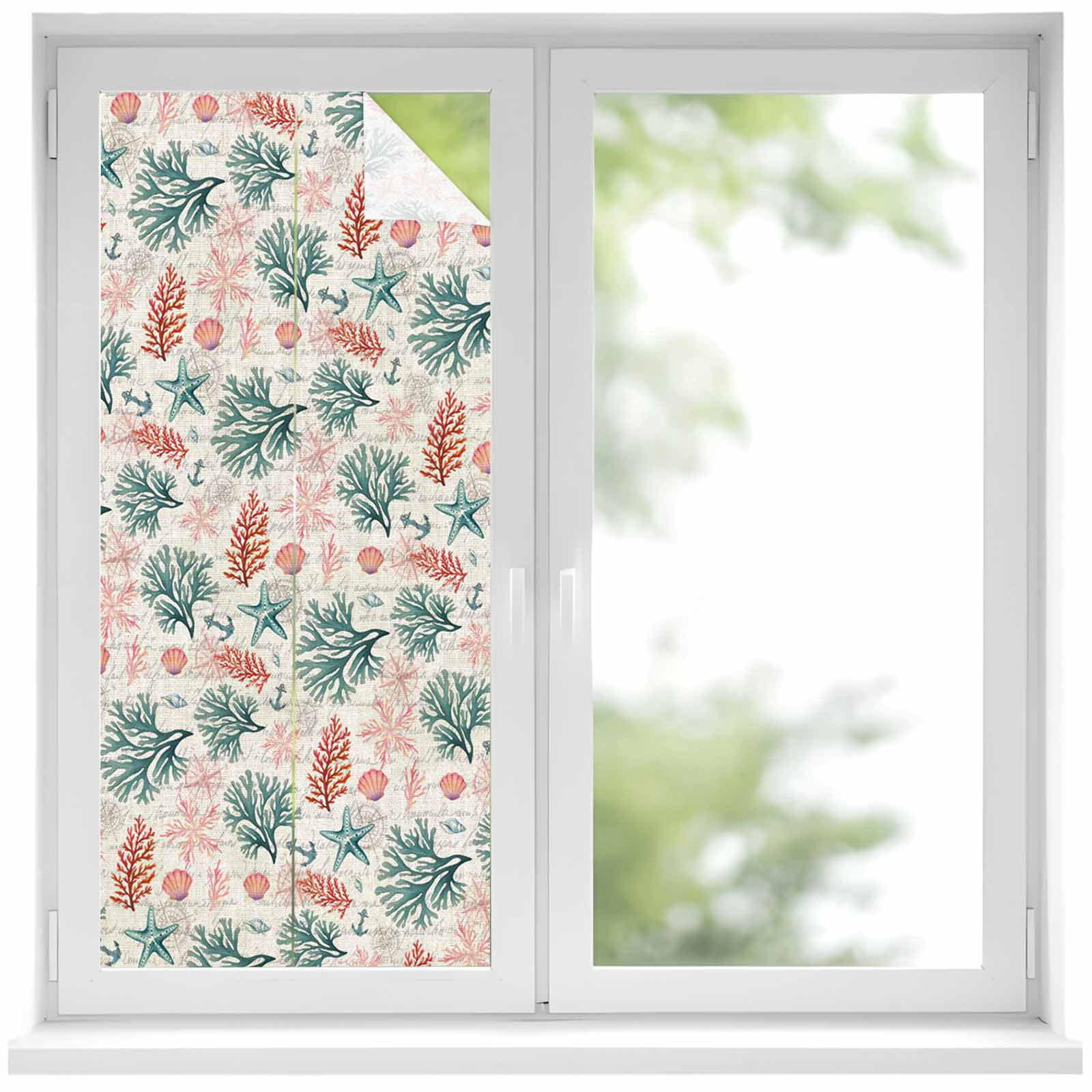 Coral Shell Window Privacy Film, Pink Green Red Coral Starfish Anchor ...