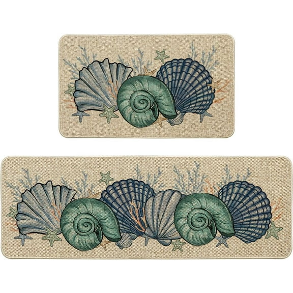 Coral Shells Whelks Starfish Summer Kitchen Mats Set of 2, Home Decor Low-Profile Kitchen Rugs for Floor - 17x29 and 17x47 Inch