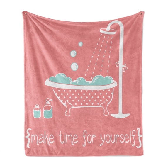 Coral Soft Flannel Fleece Blanket, Clawfoot Tub with Inspirational Make Time for Yourself Therapy Theme Print, Cozy Plush for Indoor and Outdoor Use, 50" x 70", Coral and Turquoise, by Ambesonne