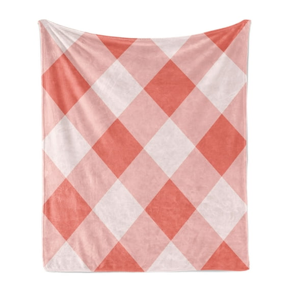 Coral Soft Flannel Fleece Blanket, Vintage Style Art Geometrical Mosaic Diagonal Fractal Old Tartan Motif Image Print, Cozy Plush for Indoor and Outdoor Use, 60" x 80", Coral Cream, by Ambesonne