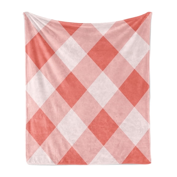 Coral Soft Flannel Fleece Blanket, Vintage Style Art Geometrical Mosaic Diagonal Fractal Old Tartan Motif Image Print, Cozy Plush for Indoor and Outdoor Use, 70" x 90", Coral Cream, by Ambesonne