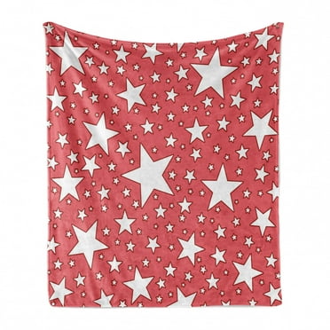 Coral Soft Flannel Fleece Throw Blanket, Big and Small Star Burst Youthful Energetic Celebration Design, Cozy Plush for Indoor and Outdoor Use, 50" x 60", Coral Red White, by Ambesonne