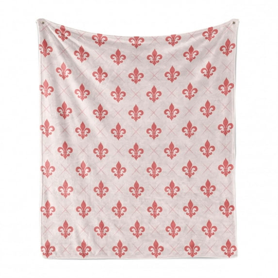 Coral Soft Flannel Fleece Throw Blanket, Checkered Pattern with of Fleur De Lis Royal French Lily Flower, Cozy Plush for Indoor and Outdoor Use, 50" x 70", Coral Baby Pink, by Ambesonne