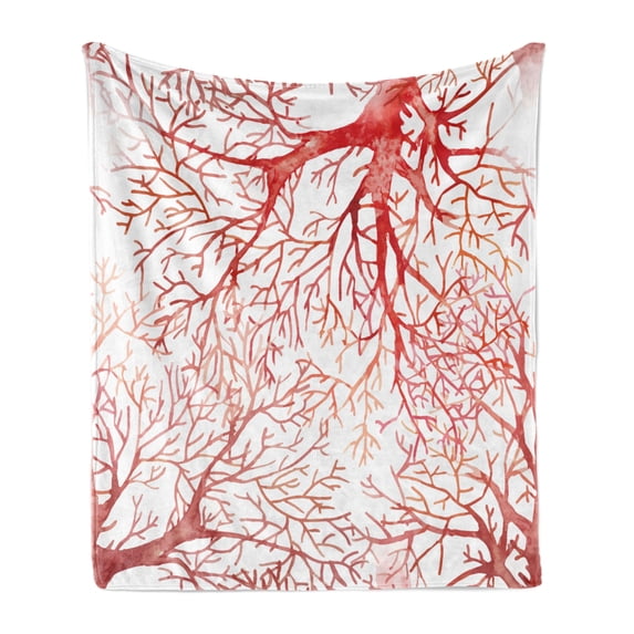 Coral Soft Flannel Fleece Throw Blanket, Monochrome Watercolor Image of Leafless Fall Autumn Tree Branches Peaceful Print, Cozy Plush for Indoor and Outdoor Use, 50" x 70", Dark Coral, by Ambesonne
