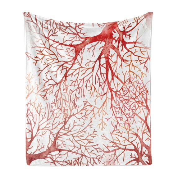 Coral Soft Flannel Fleece Throw Blanket, Monochrome Watercolor Image of Leafless Fall Autumn Tree Branches Peaceful Print, Cozy Plush for Indoor and Outdoor Use, 60" x 80", Dark Coral, by Ambesonne