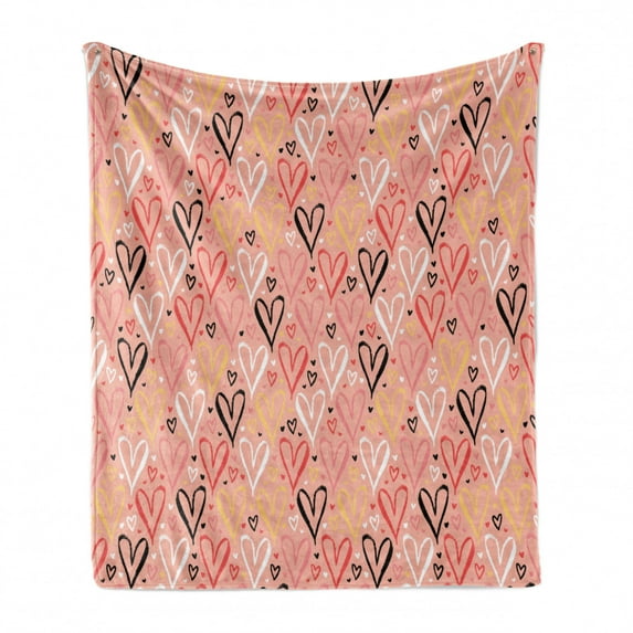 Coral Soft Flannel Fleece Throw Blanket, Scribbled Little and Big Different Size Heart Forms Love Valentines Mothers Day Theme, Cozy Plush for Indoor and Outdoor Use, 60" x 80", Coral, by Ambesonne