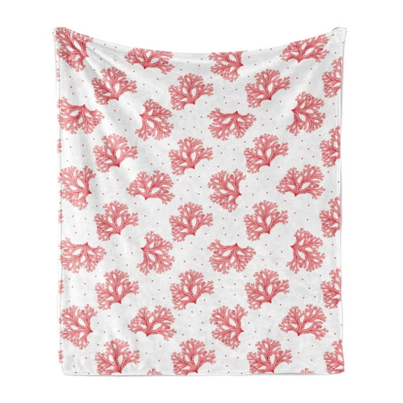 Coral Soft Flannel Fleece Throw Blanket, Underwater Theme Seaweeds and Dots Algae Tropical Ocean Life Aquatic Artwork, Cozy Plush for Indoor and Outdoor Use, 50" x 70", Coral Red White, by Ambesonne