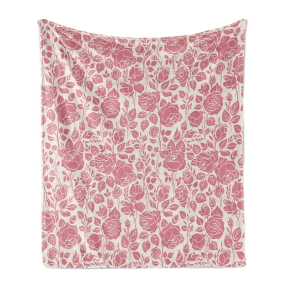 Coral Soft Flannel Fleece Throw Blanket, Vintage Pattern with Roses Gardening Plants Classical Feminine Composition, Cozy Plush for Indoor and Outdoor Use, 50" x 60", Dark Coral Coconut, by Ambesonne