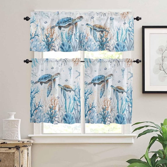 Coral Starfish 3-Piece Kitchen Curtain Set, Rod Pocket Kitchen Curtain Valance and Tiers Set, Washable Drape Window Treatment Set, Summer Ocean