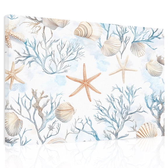 Coral Starfish Canvas Print Wall Art, Ocean Coastal Summer Nautical Retro Wall Decor Modern Artwork Paintings Pictures for Living Room Framed and Stretched Ready to Hang, 24" x 32"