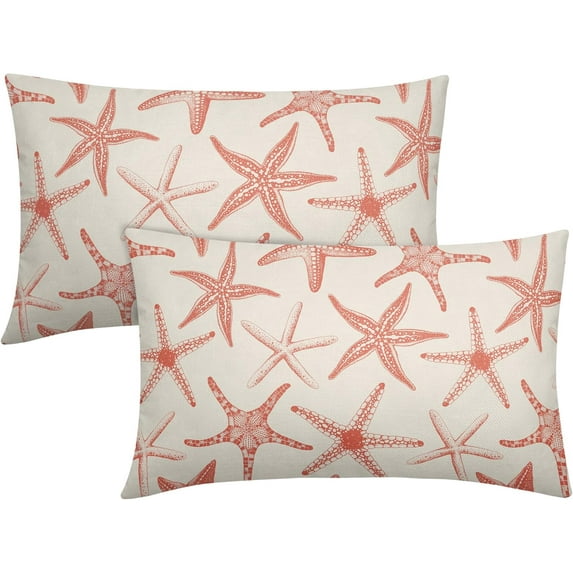 Coral Starfish Lumbar Pillow Covers 12X20 Inch Set of 2 Beach Ocean Coastal Decorative Rectangular Pillow Cases Summer Nautical Cotton Linen Cushion Case Home Decor for Sofa Couch Outdoor