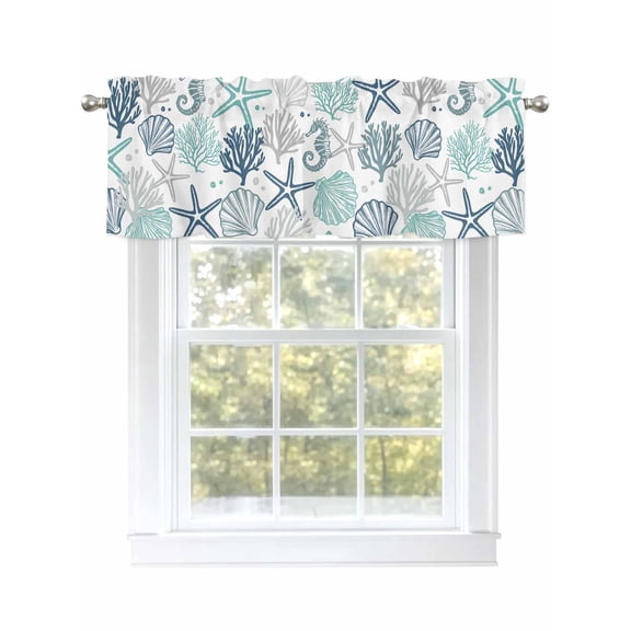 Coral Starfish Seahorse Shell Curtain Valances for Windows, Ocean Theme Window Valances, Window Treatment Rod Pocket Valance Curtains for Living Room/Kitchen/Bedroom/Bathroom, 54x18inch