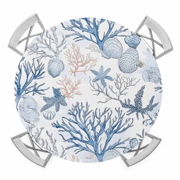 Coral Starfish Shell Elastic Fitted Round Table Cover Blue Theme Waterproof Outdoor Tablecloth for Holiday Party, Picnic, Patio & Dining Fits Tables Up to 36"-44"