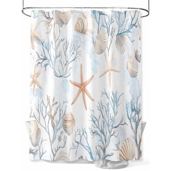 Coral Starfish Shower Curtain, Ocean Coastal Summer Nautical Retro Waterproof Shower Curtain Set with 12 Hooks Lightweight Washable Fabric Shower Curtains for Bathroom 48x72 Inches