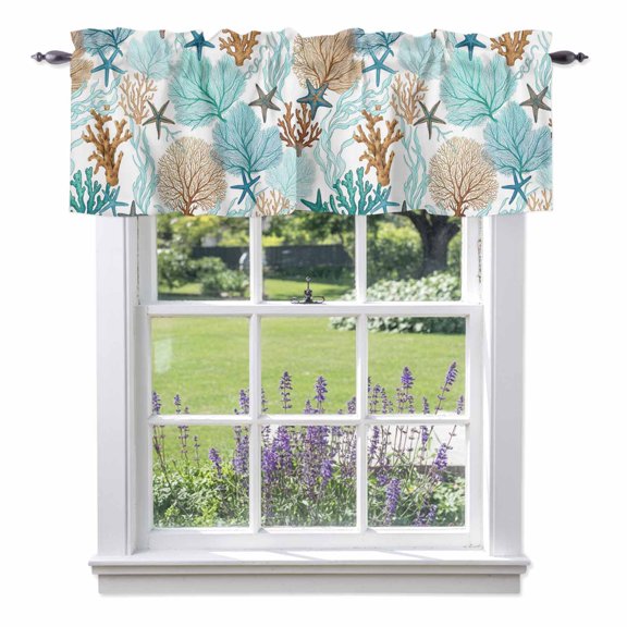 Coral Stars Valances for Windows Summer Sea Teal Green Brown Corals Star Rod Pocket Cafe Window Treatments Valance Curtains for Kitchen Bathroom Laundry Basement Windows 42"x12"