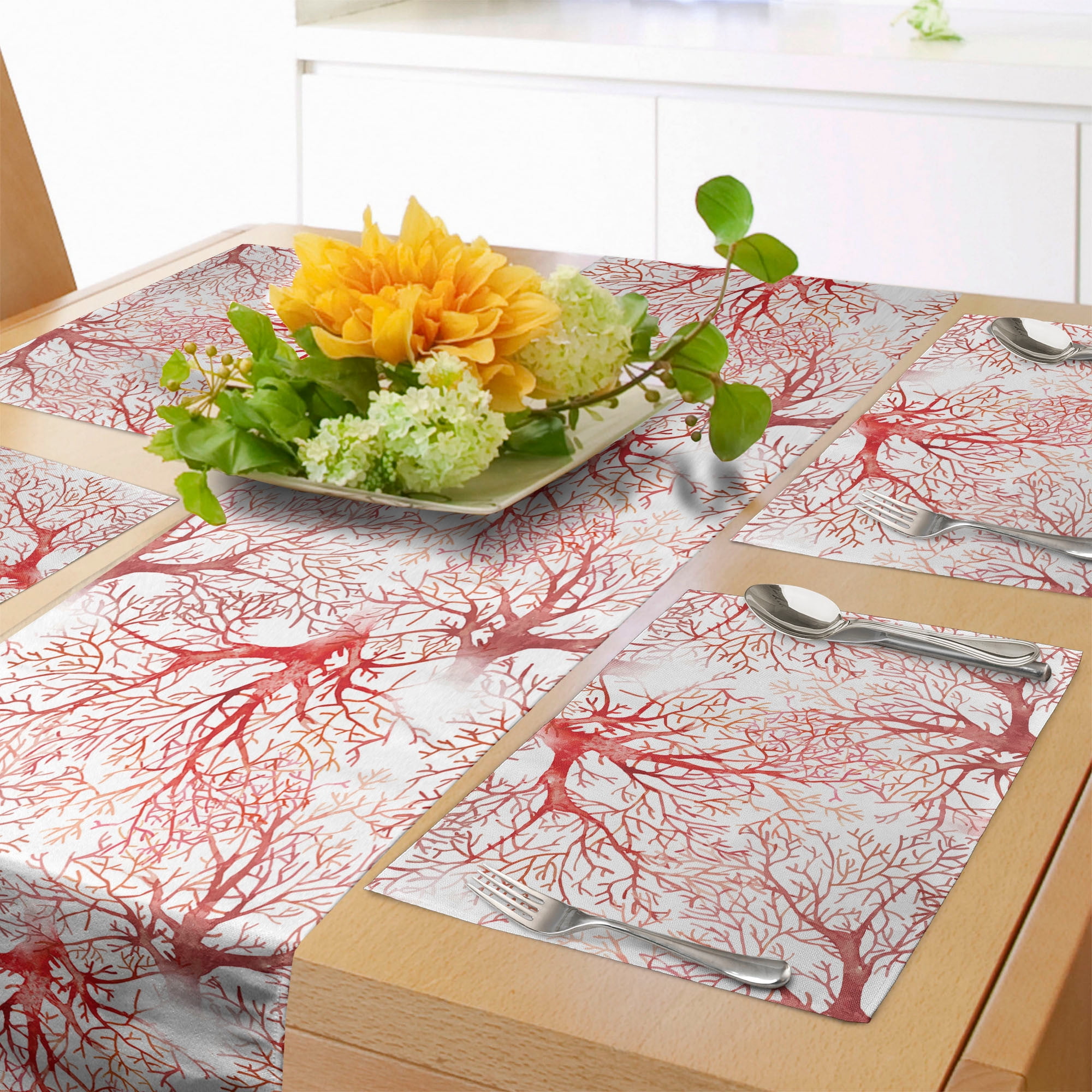 Coral Table Runner & Placemats, Monochrome Watercolor Image of Leafless