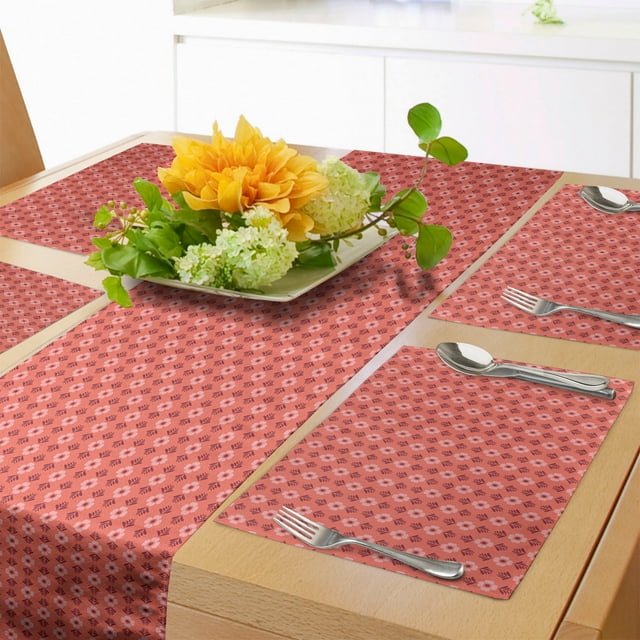 Coral Table Runner & Placemats, Seasonal Flower Pattern with Petal