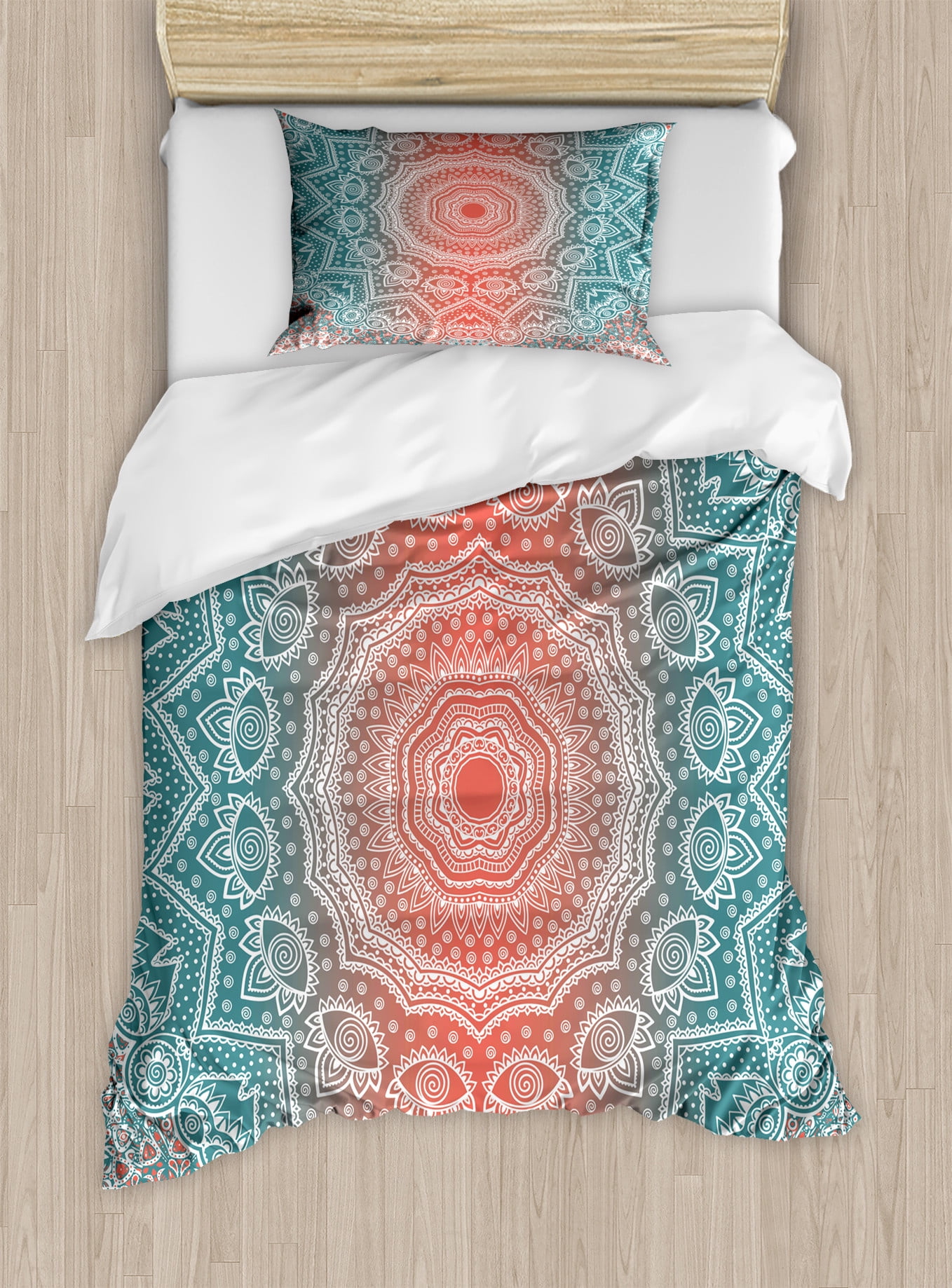 Twin Coral and Teal Mandala Duvet Cover Set