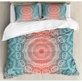 thumbnail image 1 of Coral and Teal Duvet Cover Set, Modern Tribal Mandala Tibetan Healing Motif with Floral Geometric Ombre Art, Decorative 3 Piece Bedding Set with 2 Pillow Shams, Queen Size, Coral Teal, by Ambesonne, 1 of 3