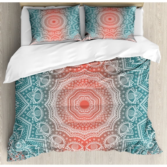 Coral and Teal Duvet Cover Set, Modern Tribal Mandala Tibetan Healing Motif with Floral Geometric Ombre Art, Decorative 3 Piece Bedding Set with 2 Pillow Shams, Queen Size, Coral Teal, by Ambesonne