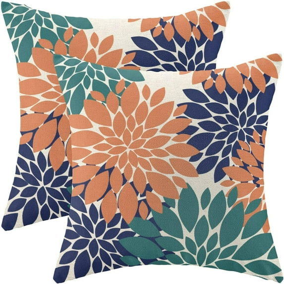 Coral Teal Navy Blue Pillow Covers 20x20 Inch Set of 2 Dahlia Floral Decor Throw Pillows Summer Modern Geometry Flower Outdoor Decorative Cushion Cases for Sofa Couch Bed Decorations