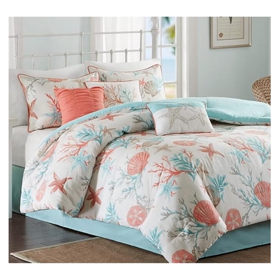 Coral & Teal Seashells, Starfish, Beach Queen Comforter Set (7 Piece Bed in A Bag)
