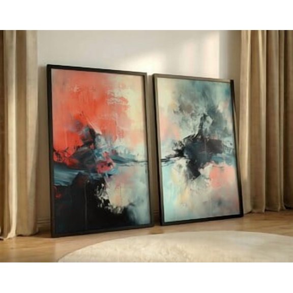 Coral Teal and Black Art Prints, Dramatic Office Poster, Expressive High Contrast Abstract Wall Art, Set 2, Poster Only
