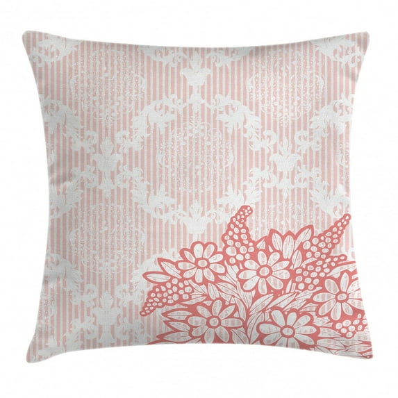 Coral Throw Pillow Cushion Cover, Antique Ornate Royal Checkered Floral Backdrop with Doodle Style Daisy Bouquet, Decorative Square Accent Pillow Case, 16 X 16 Inches, Coral Light Pink, by Ambesonne