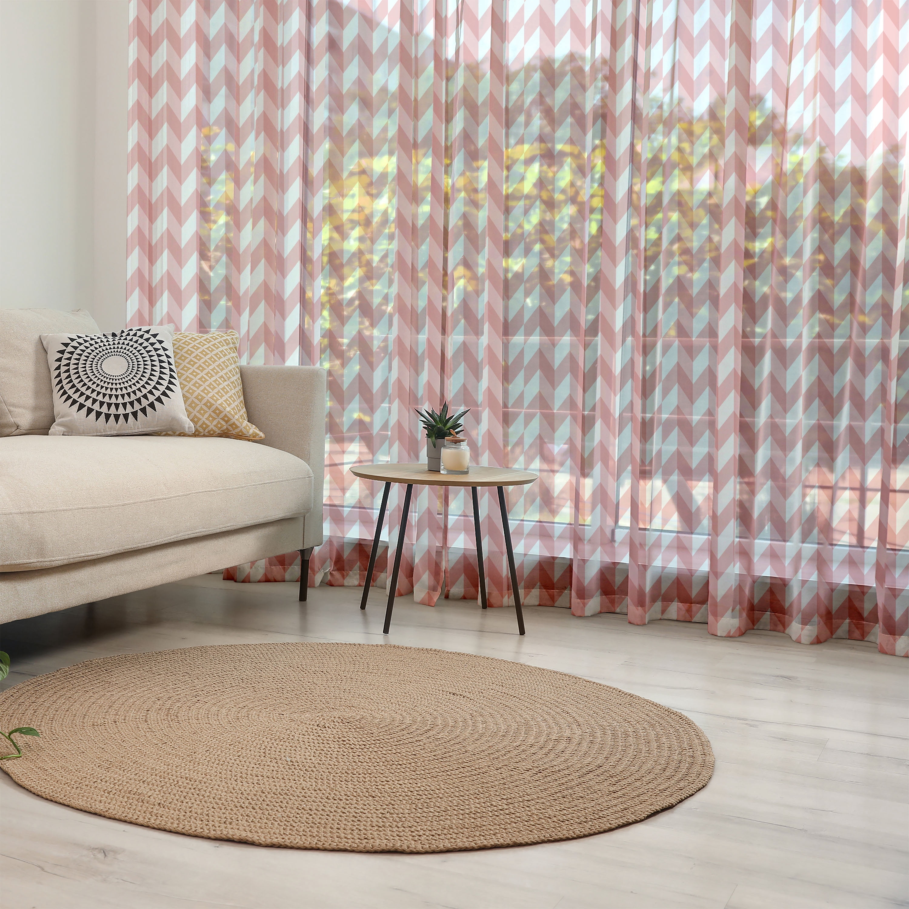 Triangular Table Drape Coral Tulle Curtains with Rod Pocket, Retro Abstract Geometric Striped ...