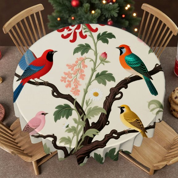 Coral Turquoise Bird Floral Tablecloth for dining table, Holiday-Themed Design - 2D Flat Printing Tablecloth for dining table round, Cafe, dinner, brunch, buffet, picnic