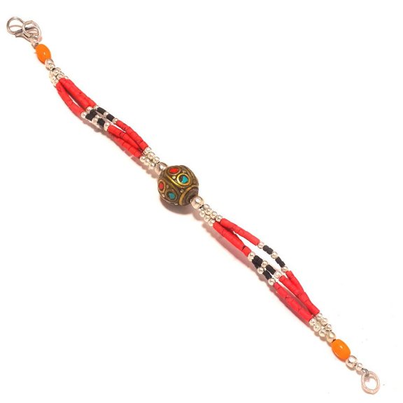 Coral Turquoise Onyx Unique Bracelet Tibetan Silver Beaded Jewelry 6" NSB 2024