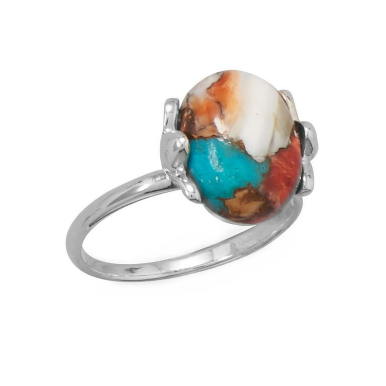Coral, Turquoise, and Spiny Oyster Compressed Stone Ring Sterling Silver Coral, Turquoise, and Spiny Oyster Compressed Stone Ring Sterling Silver