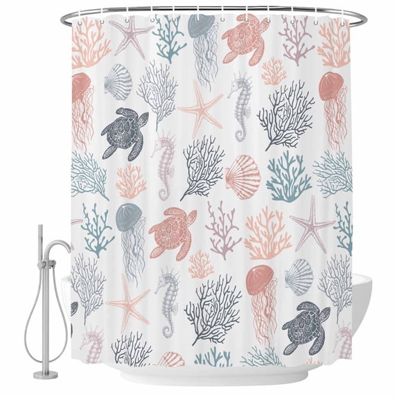 Coral Turtles Starfish Jellyfish Shells Fabric Shower Curtain Sea Creature Washable Shower Curtains for Bathroom, Waterproof Bath Curtain with Hooks Home Decor 36x72in
