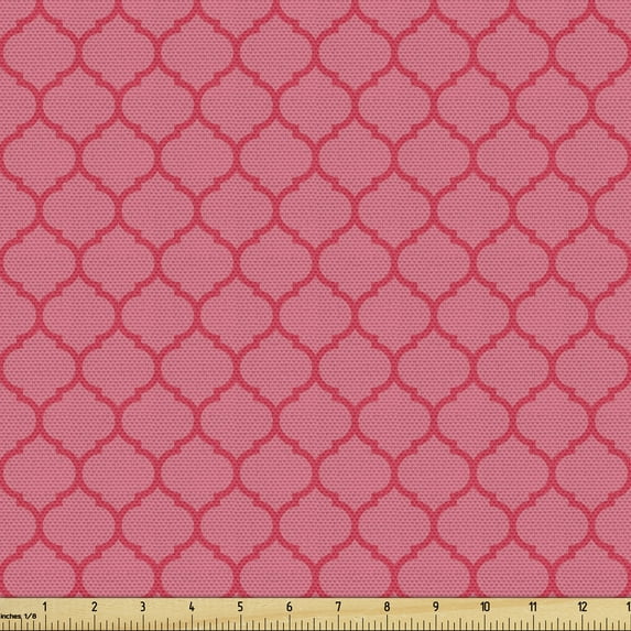 Ambesonne Coral Fabric by the Yard Upholstery, Antique Quatrefoil Motifs, 2 Yards, Coral and Red