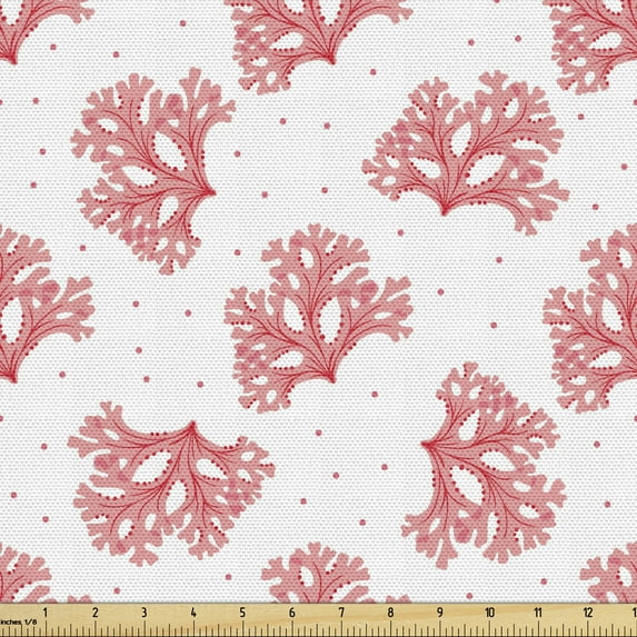 Ambesonne Coral Fabric by the Yard Upholstery, Underwater Seaweeds Dots, 2 Yards, Coral Red White