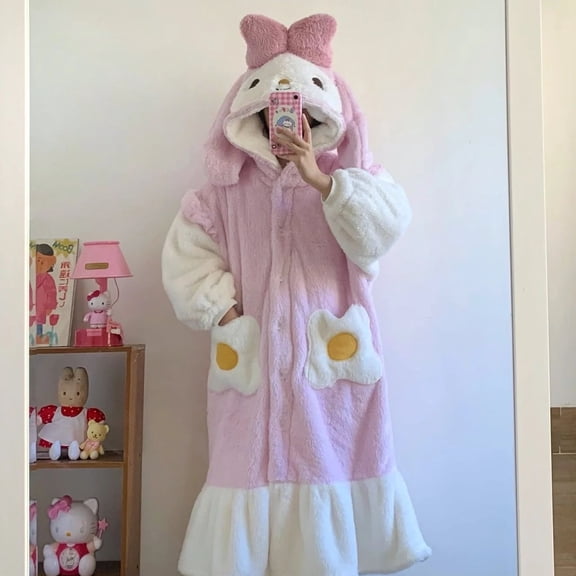 Coral Velvet Cartoon My MLD  CNMR Big-ear Dog Autumn and Winter Pajamas Set Hooded Coral Velvet Thick Warm Robe Home Wear Women