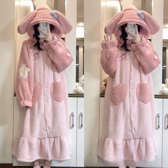 Coral Velvet Cartoon My MLD  CNMR Big-ear Dog Autumn and Winter Pajamas Set Hooded Coral Velvet Thick Warm Robe Home Wear Women
