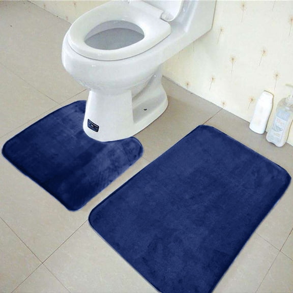 Coral Velvet Memory Cotton Bath Mat, 3-Piece Set Absorbent Non-Slip Carpet for Bathroom, Navy Blue