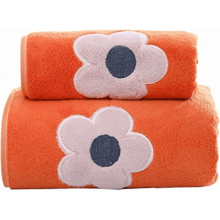 Coral Velvet Towels Set, Flower Absorbent And Fluffy Hand Towel And Bath Towel-Orange