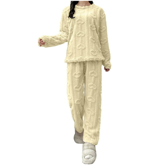 Coral Velvet Warm Lounge Sets for Women Cute Jacquard Winter Clothes Fleece Crewneck Tops and Pj Pants Loungewear Furry Pajamas