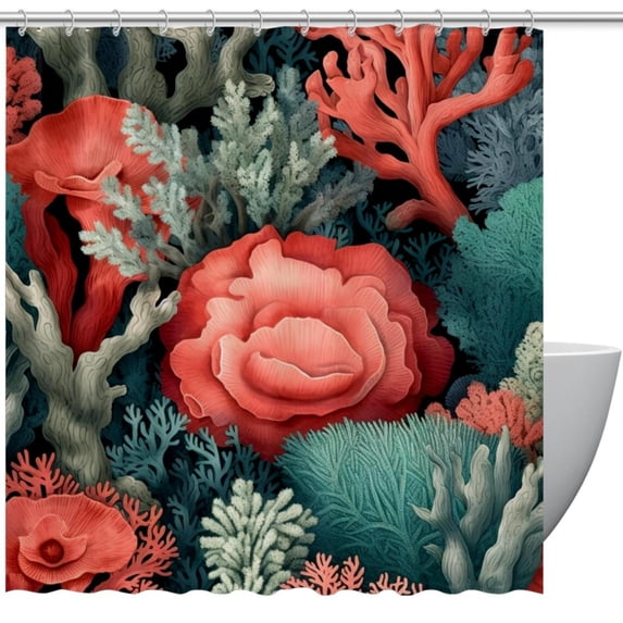 Coral Waterproof Shower Curtain Set with Hook, Printed Bathroom Decoration - 3 Piece Curtain Set
