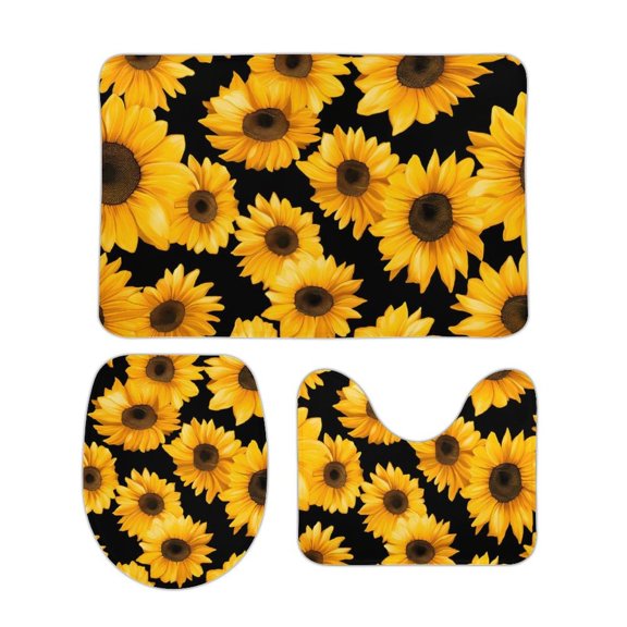 Coral Wool Floor Mat 3-Piece Set Super Absorbency Non-Slip Durable Easy To Clean And Maintain Effectively Prevent Damp Dirt And Dirt Sunflower on A Black Background 15.7"x23.6"