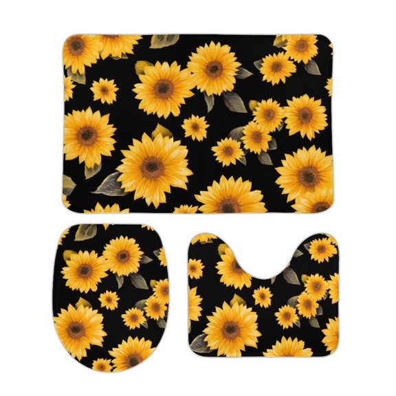 Coral Wool Floor Mat 3-Piece Set Super Absorbency Non-Slip Durable Easy To Clean And Maintain Effectively Prevent Damp Dirt And Dirt Yellow Sunflowers Black Background 15.7"x23.6"