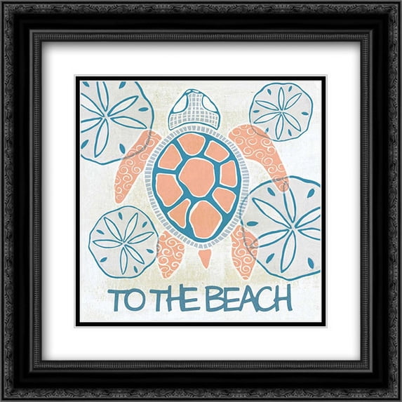 Coral and Navy Sea Turtle II 2x Matted 20x20 Black Ornate Framed Art Print by Welsh, Shanni